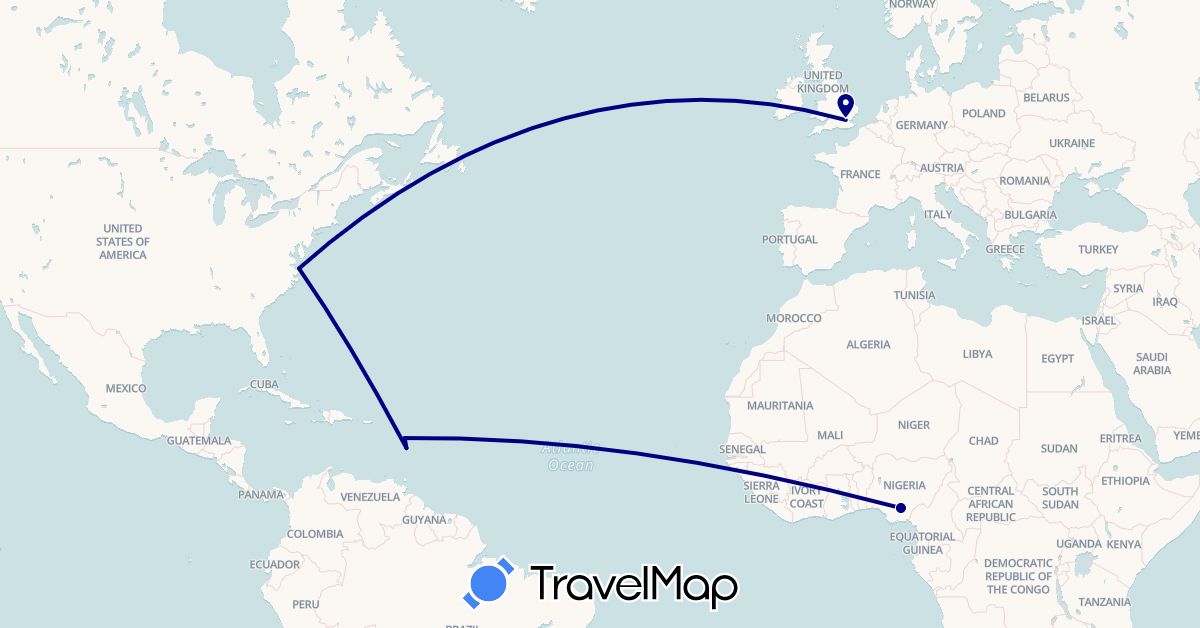 TravelMap itinerary: driving in France, United Kingdom, Nigeria, United States (Africa, Europe, North America)
